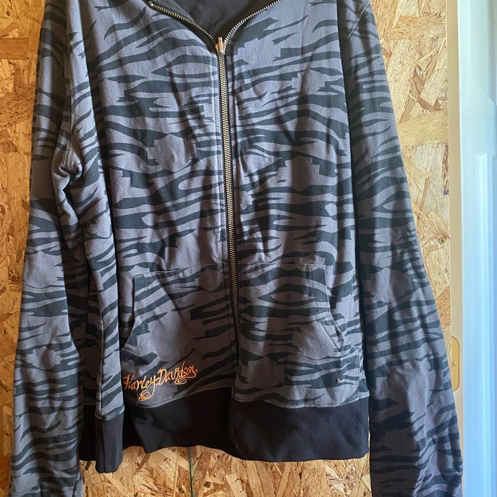 Harley-Davidson UNISEX Gray & Black Camo Zip Hoodie with Orange Logo